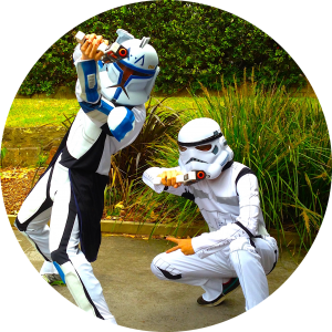 Star Wars Birthday Party Hosts for Cosplay Birthday Parties and Kids Birthday Parties. Our staff pose in Star Wars Costumes of a Clone Trooper and Captain Rex.